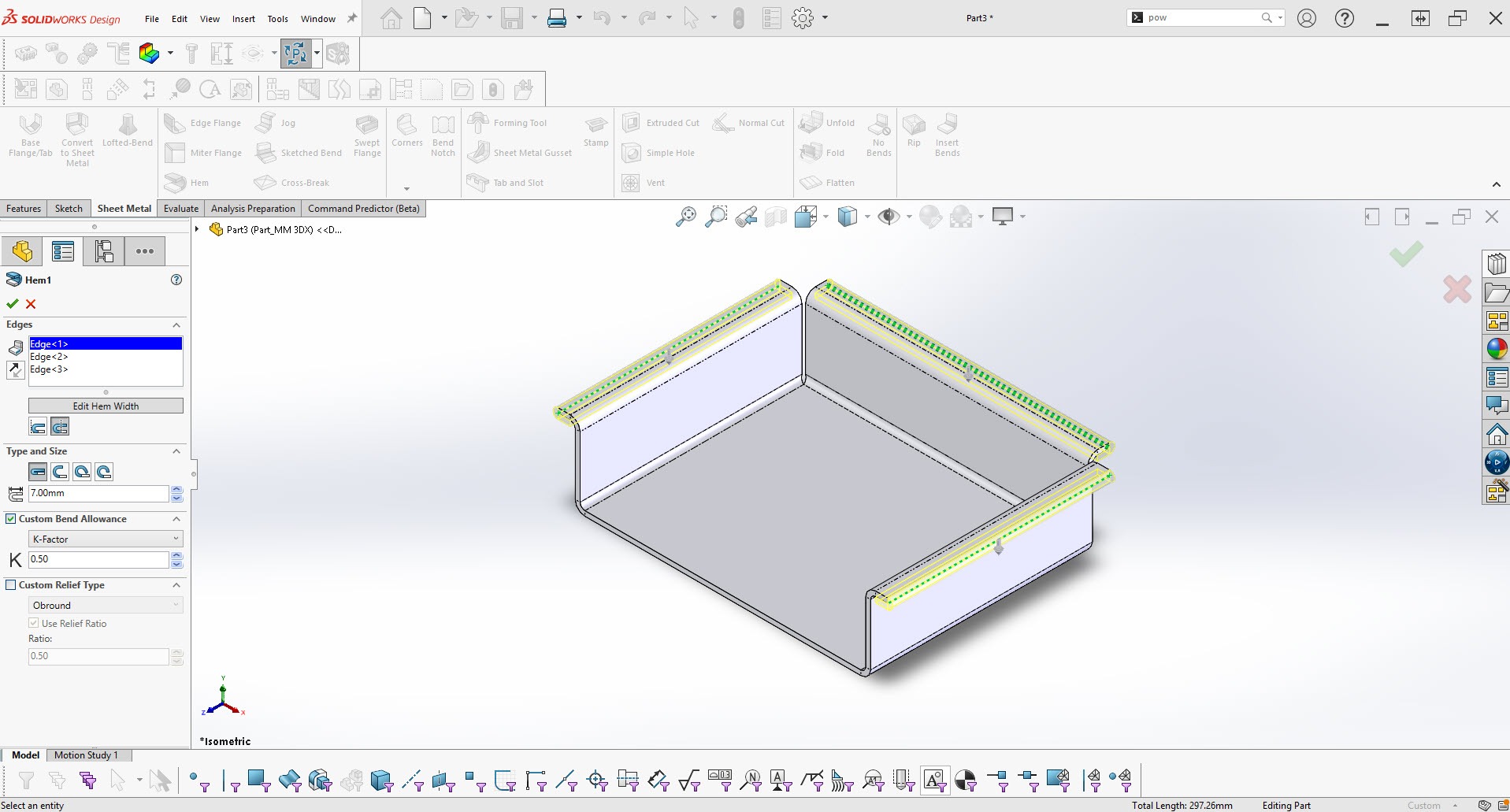 Hem edit on a sheet metal component in SOLIDWORKS Design