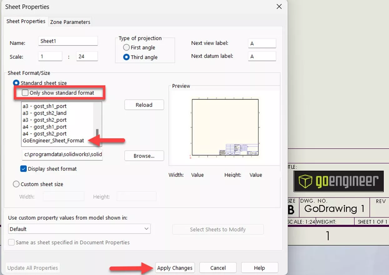 SOLIDWORKS Sheet Properties Options 