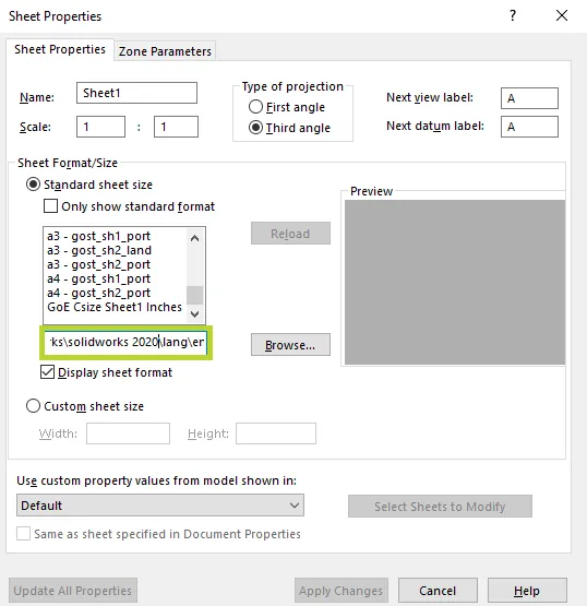 SOLIDWORKS Sheet Properties Window 