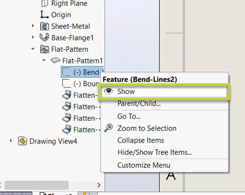 SOLIDWORKS Show Bend Lines