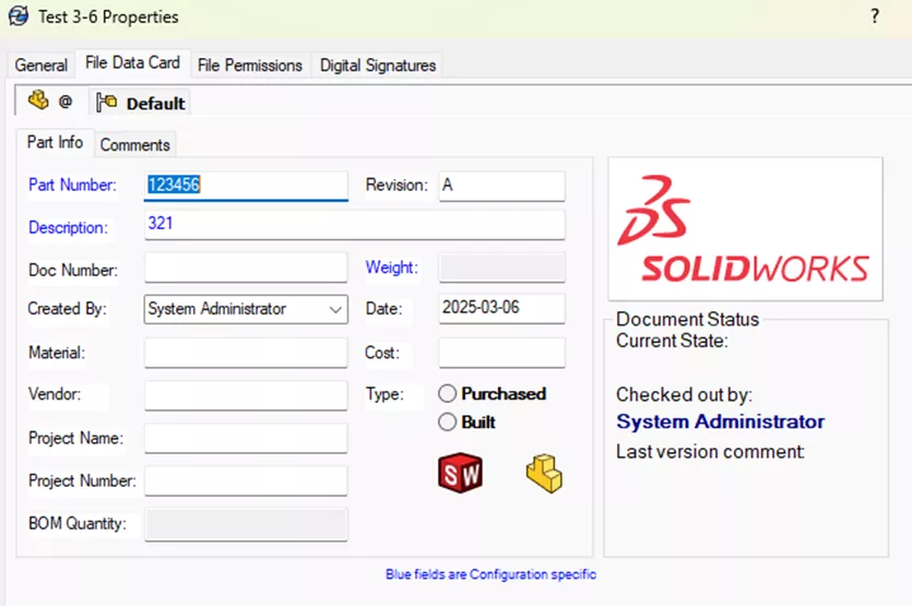 SOLIDWORKS PDM File Data Card Tab