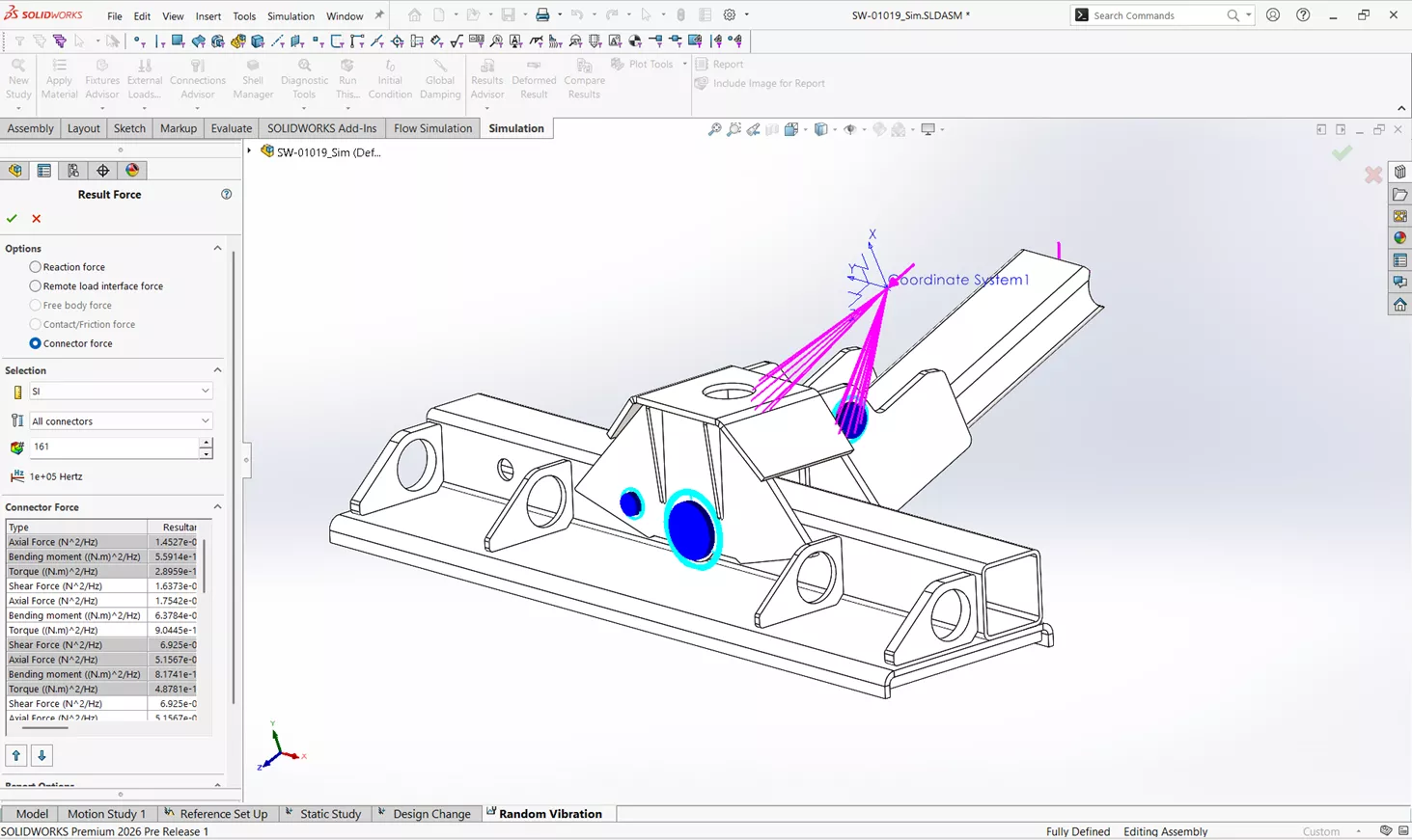 SOLIDWORKS Simulation 2026 Pin Connector Forces for Random Vibration