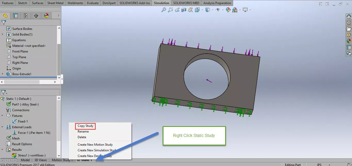 SOLIDWORKS Simulation Copy Study Feature 