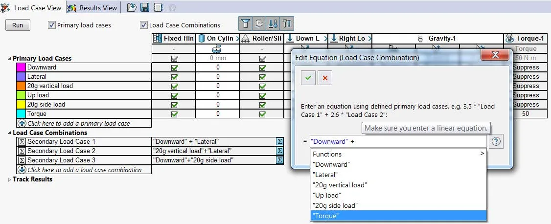 SOLIDWORKS Simulation Load Case Manager Combinations