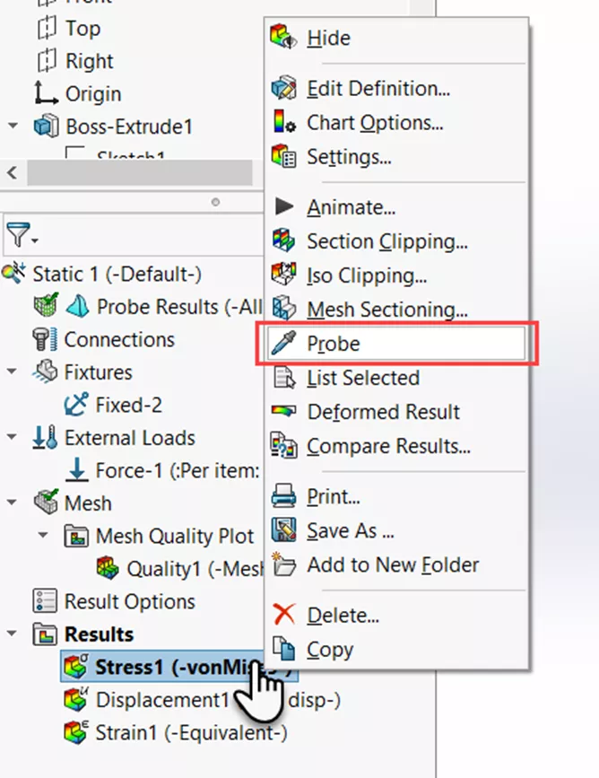 SOLIDWORKS Simulation Probe Feature Location