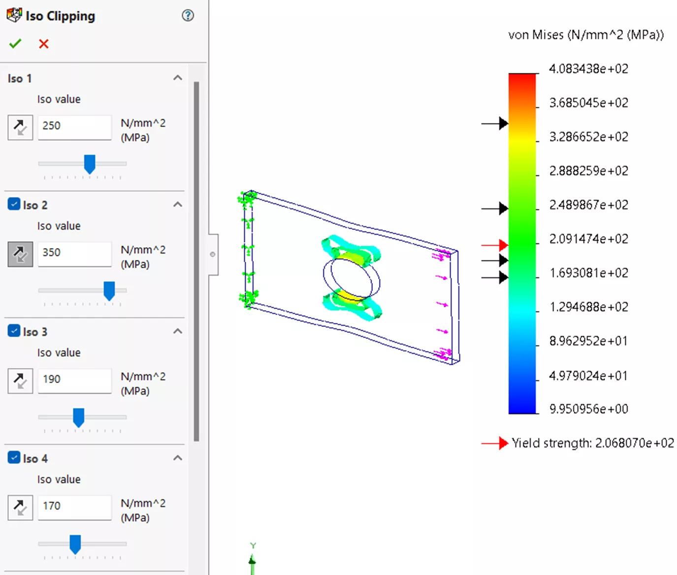 Stress Result Plot with Four Section Views in SOLIDWORKS Simulation 