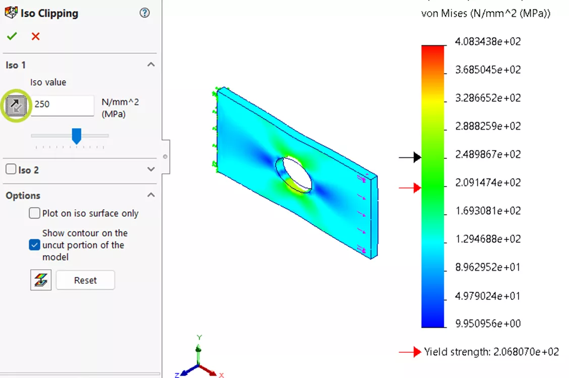 Stress Result Plot in SOLIDWORKS Simulation with Iso Clipping Direction Reversed