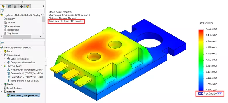Results of a time-dependent thermal analysis in SOLIDWORKS Simulation Professional 