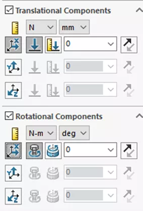 SOLIDWORKS Simulation Translation Components and Rotational Components Options