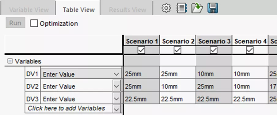 SOLIDWORKS Simulation Study Variable Section of Table View with Data from .csv File