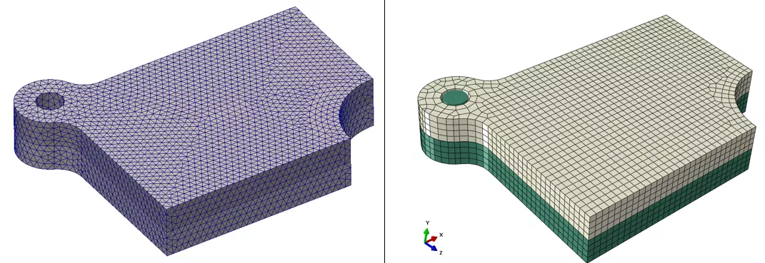 Side-by-Side comparison of SOLIDWORKS tet-mesh (left) and Abaqus hex-mesh (right)