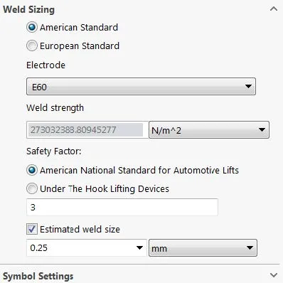 SOLIDWORKS Simulation Weld Sizing American Standard