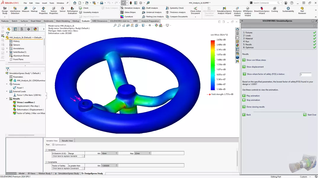 SOLIDWORKS SimulationXpress example of a design study.