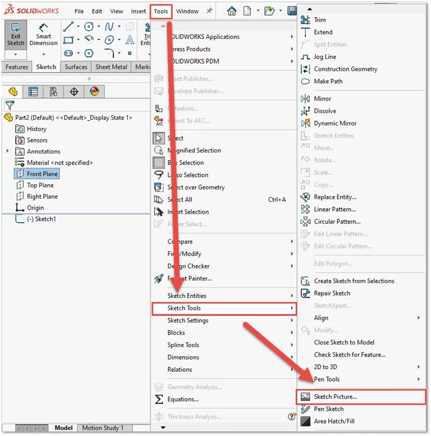 Sketch Picture Option in SOLIDWORKS Tools Menu
