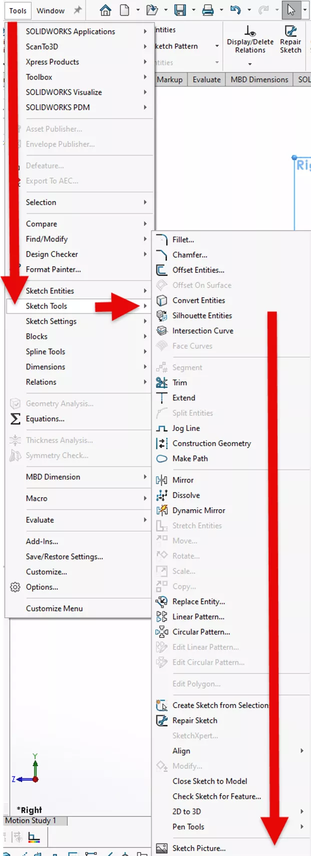 Sketch Picture Option in SOLIDWORKS Tools Menu