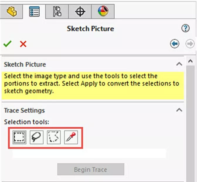 SOLIDWORKS Trace Setting Selection Tools