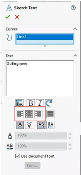SOLIDWORKS Sketch Text Tool Text Alignment for Light, Right, and Center Justification 