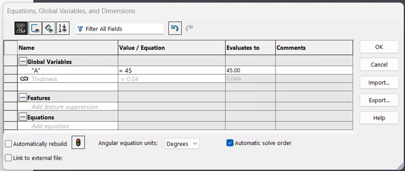 Specify SOLIDWORKS Slot Angle Equations Global Variables, Dimensions