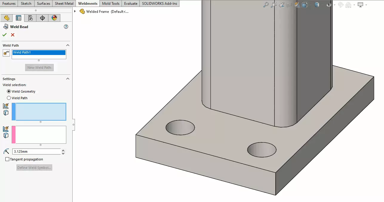 SOLIDWORKS Smart Weld Selection Tool Turned Off