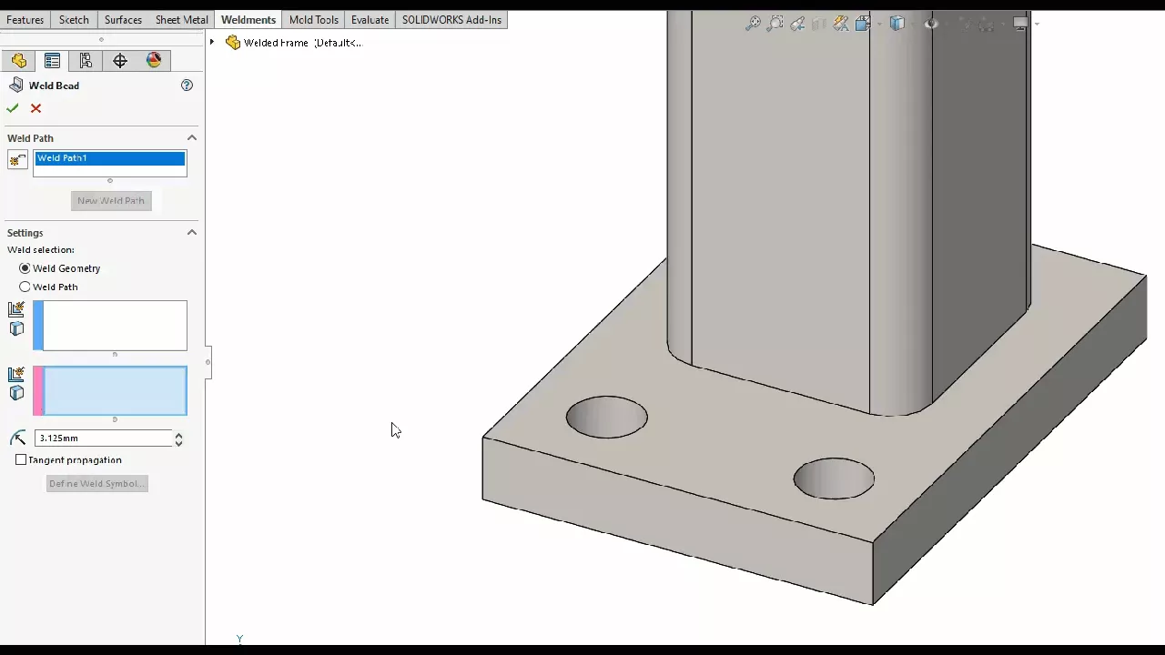 SOLIDWORKS Smart Weld Selection Tool Turned On 
