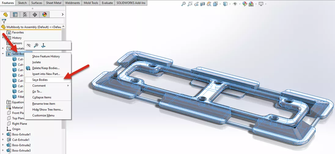 SOLIDWORKS Save Bodies Folder Save Bodies Option 