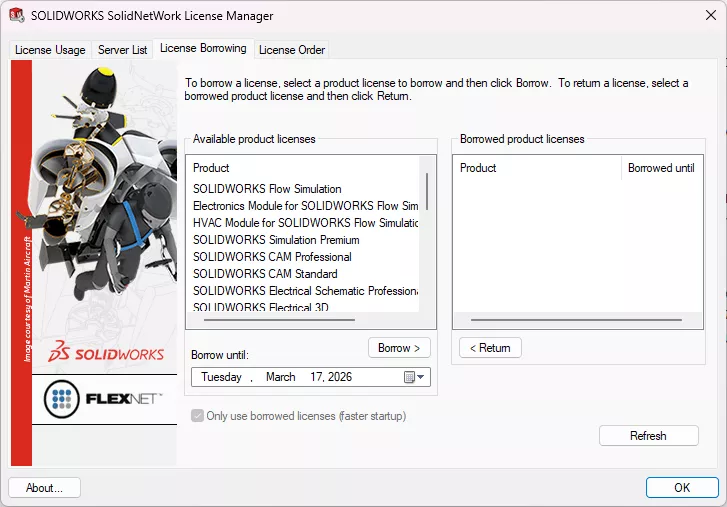 SOLIDWORKS SolidNetWork License Manager License Borrowing Tab