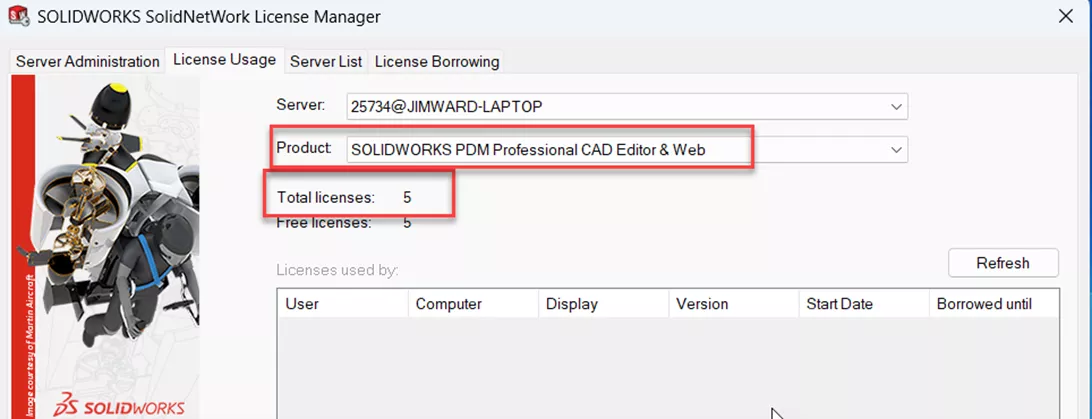 SOLIDWORKS SolidNetWork License Manager Total Licenses Count 