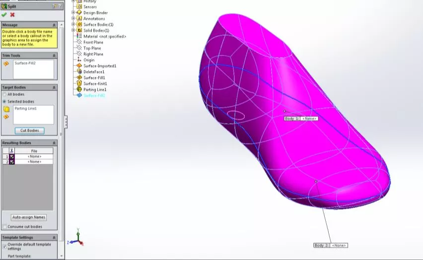 Splitting of the part into two bodies in SOLIDWORKS
