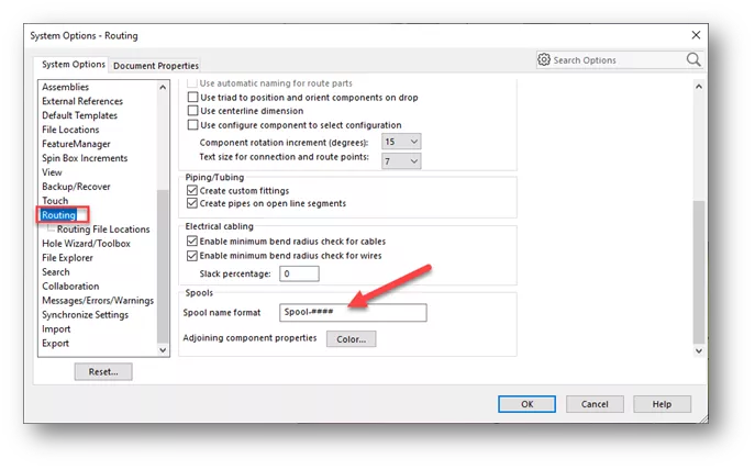 SOLIDWORKS System Options - Routing Spool Name Format