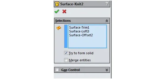 SOLIDWORKS Surface Knit  Selections