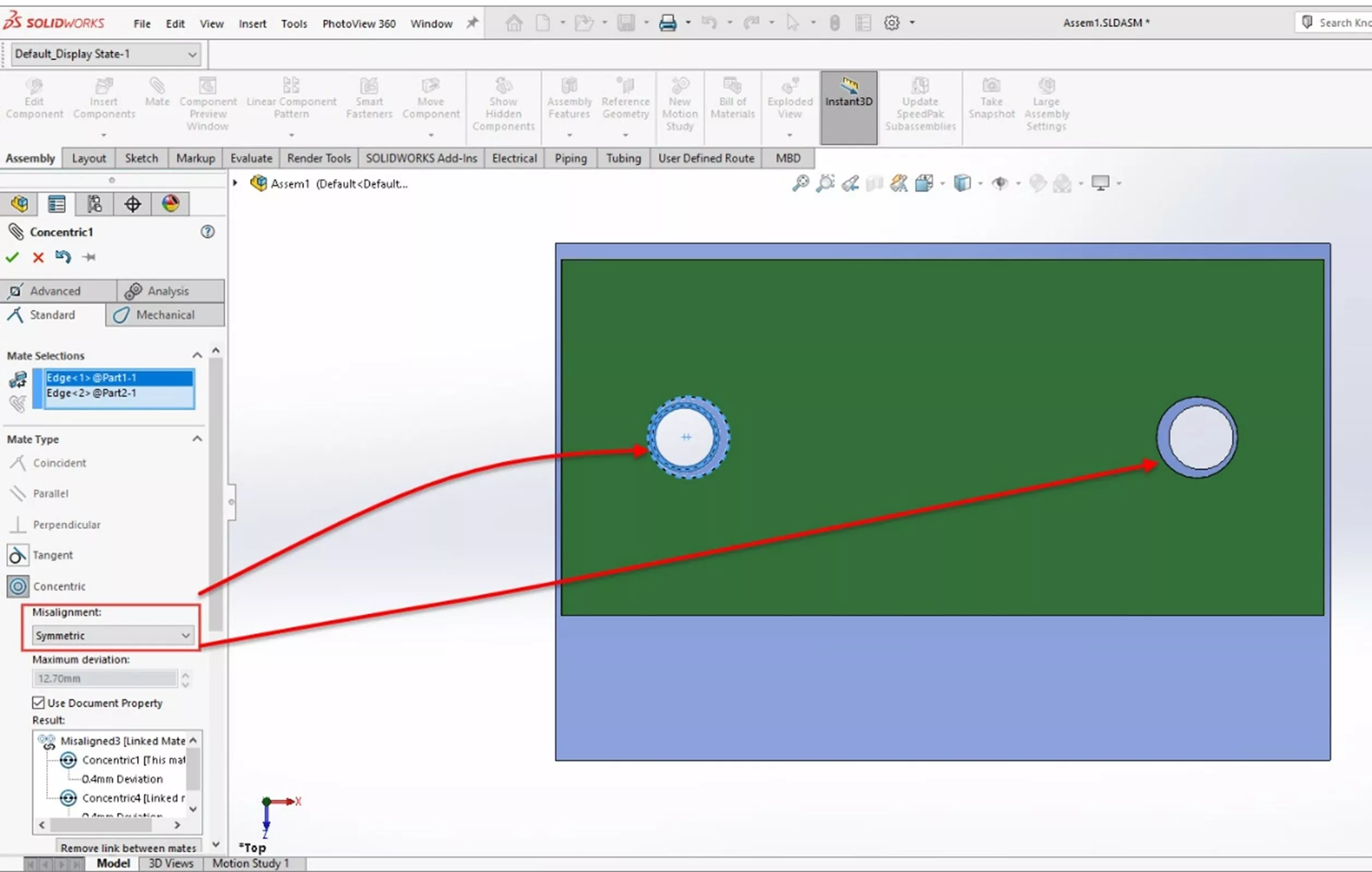 Using the Symmetric Option in SOLIDWORKS when Working with Misaligned Concentric Mates 