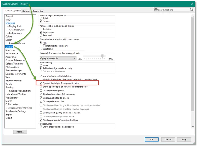 SOLIDWORKS System Options Keyboard Shortcuts