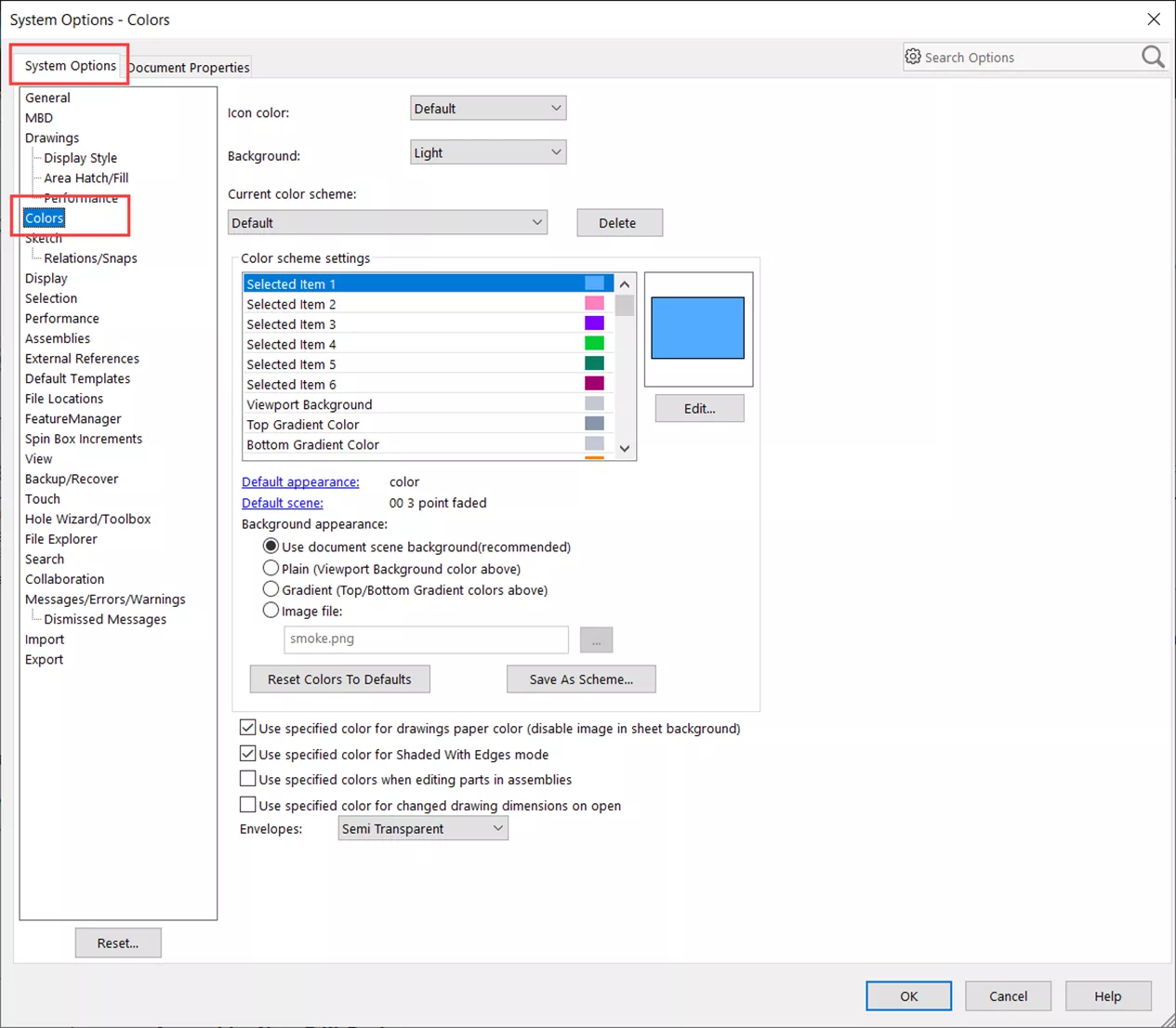 SOLIDWORKS System Options Colors Options