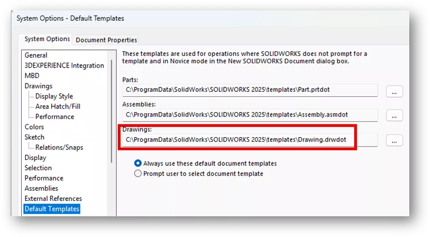 SOLIDWORKS System Options Default Drawing Templates