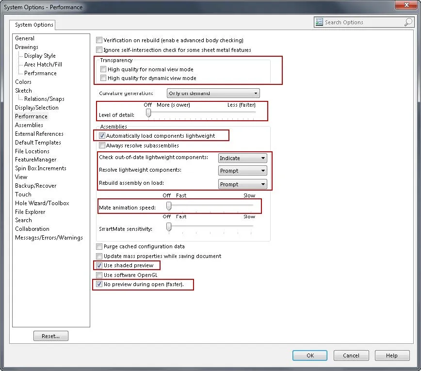 solidworks performance system options performance