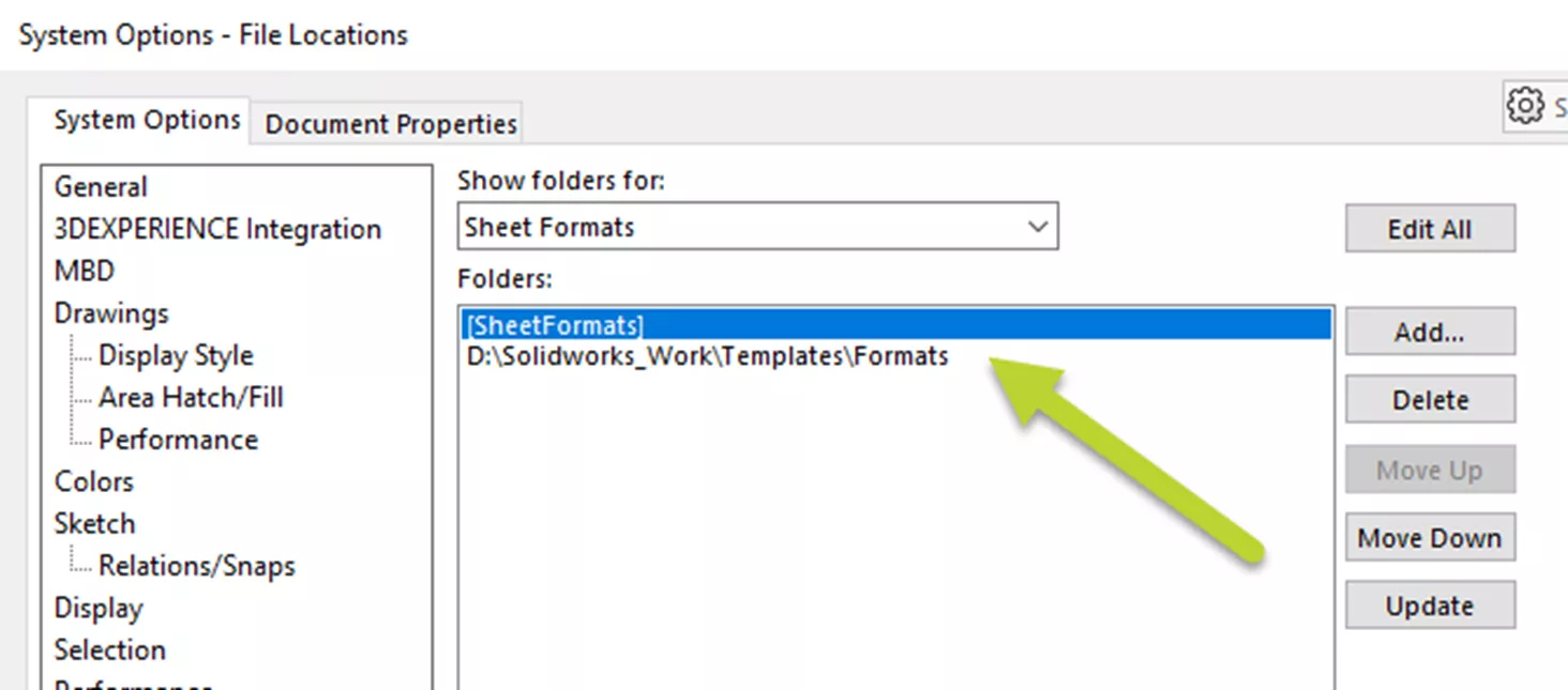 Select Sheet Format Bookmark from SOLIDWORKS System Options