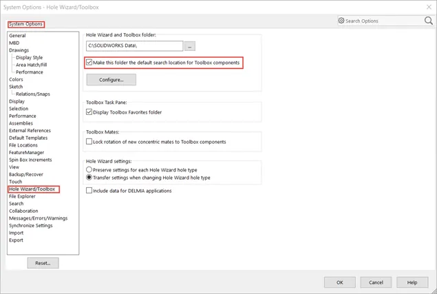 SOLIDWORKS Toolbox System Options