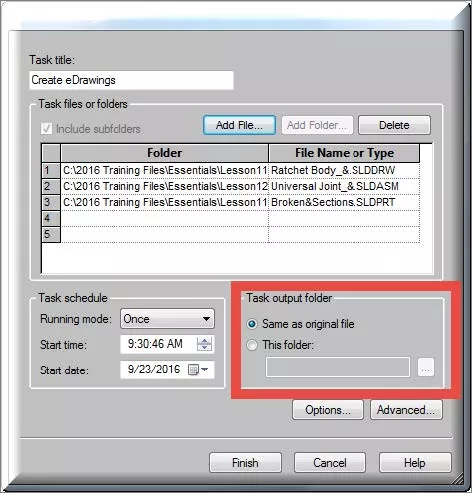 SOLIDWORKS Task Output Folder Same as Original File Option 