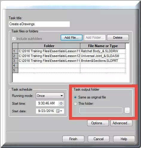SOLIDWORKS Task Output Folder Same as Original File Option