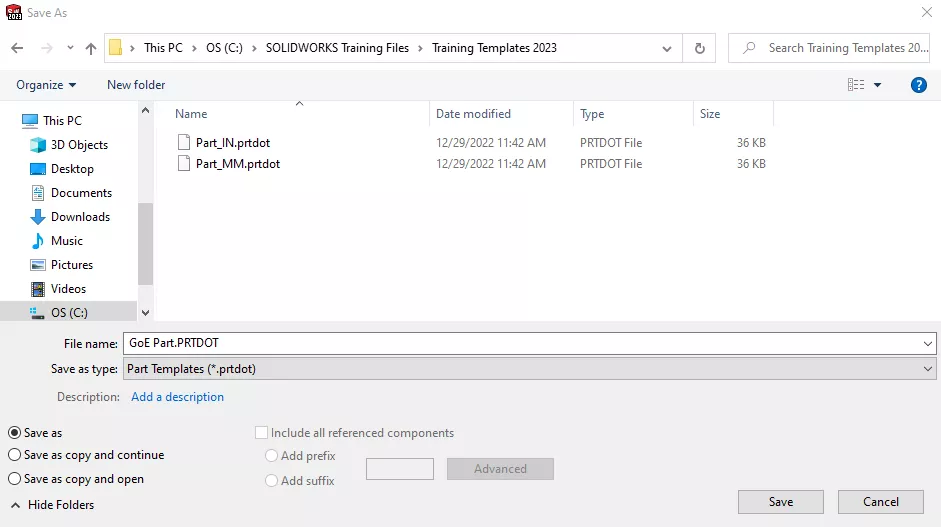 SOLIDWORKS Templates Save As