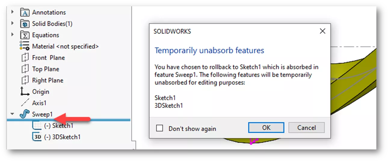 SOLIDWORKS Temporarily Unabsorb Features Dialog 