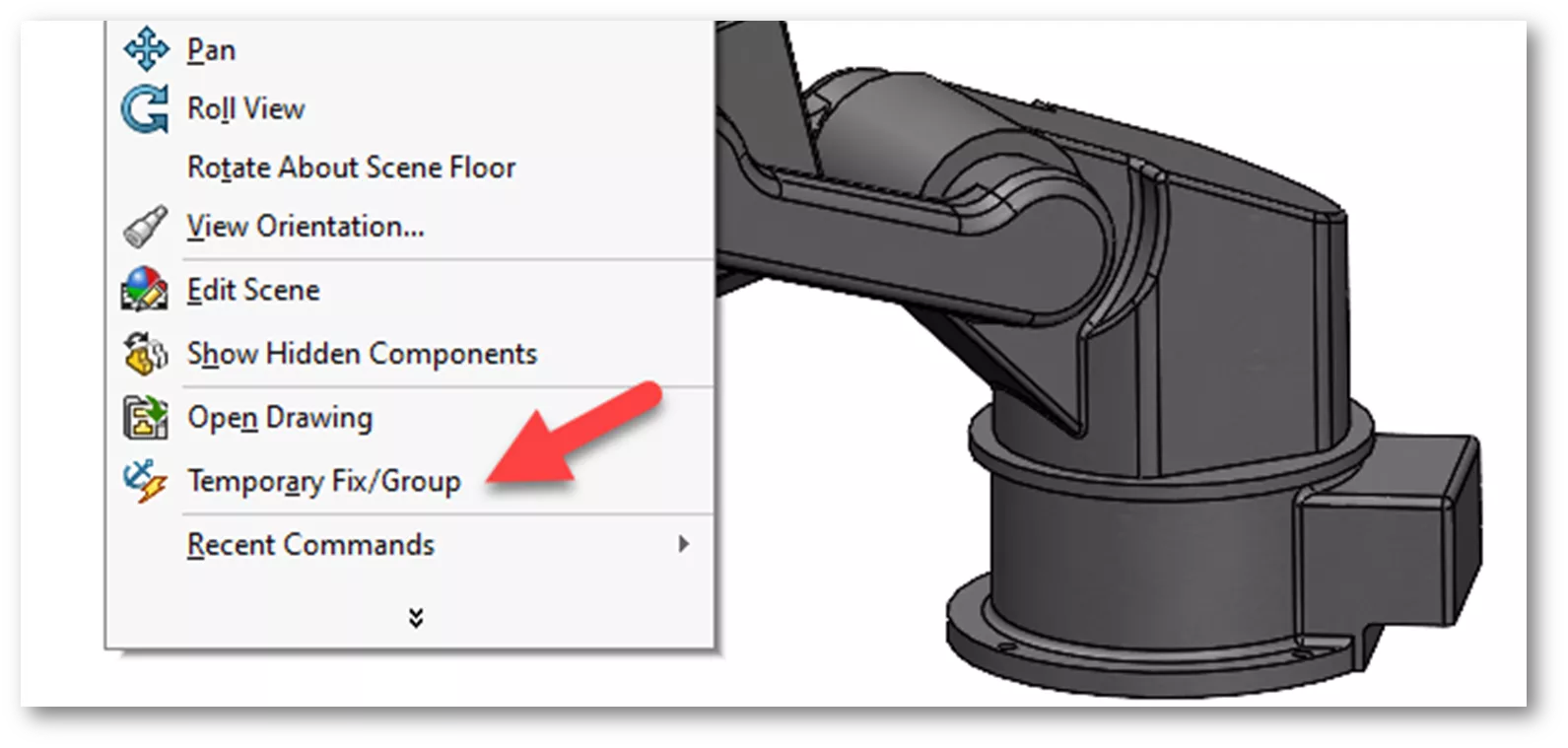 How to Use the Temporary Fix/Group Option in SOLIDWORKS 