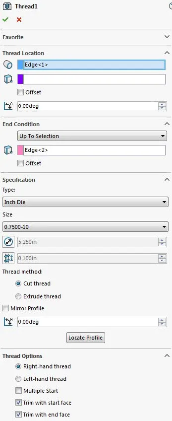 SOLIDWORKS Thread Feature Options