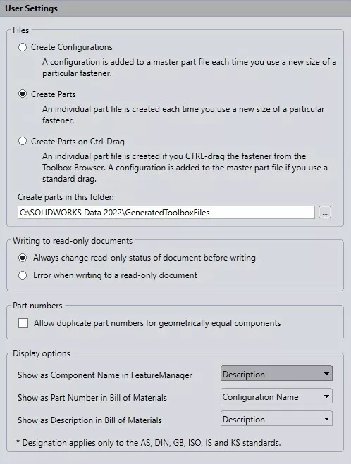 SOLIDWORKS Toolbox User Settings
