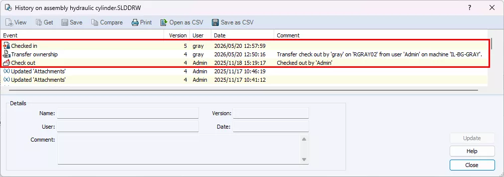 SOLIDWORKS Transfer Operation History
