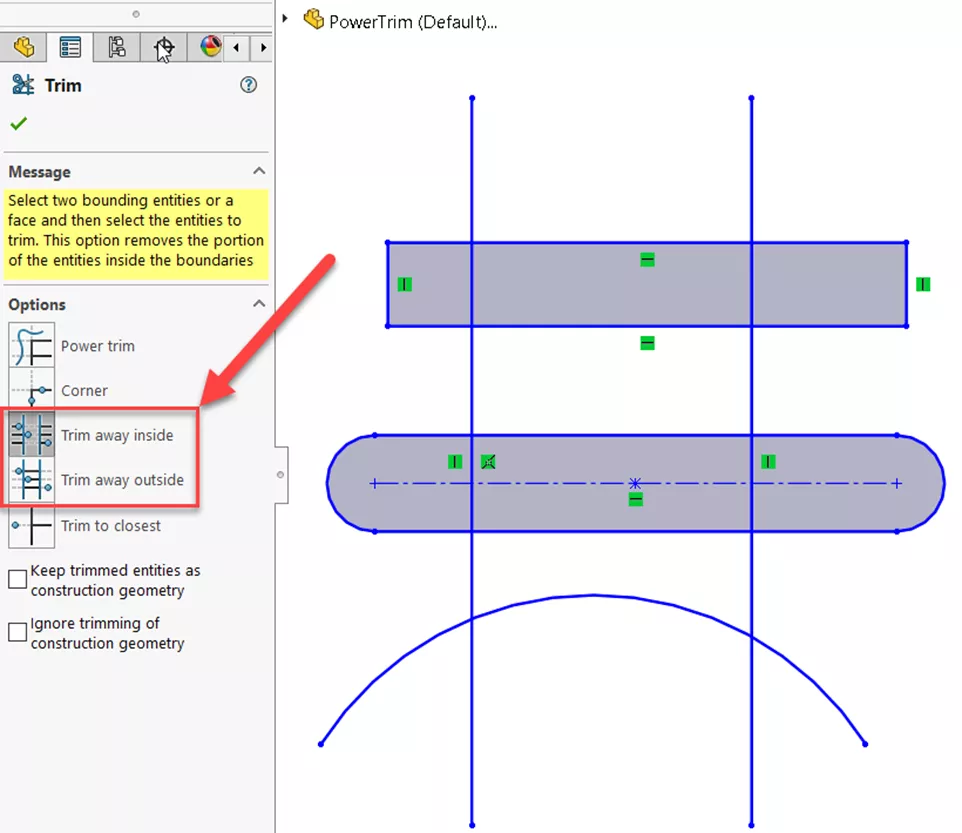 SOLIDWORKS Trim Away Inside and Trim Away Outside Options 