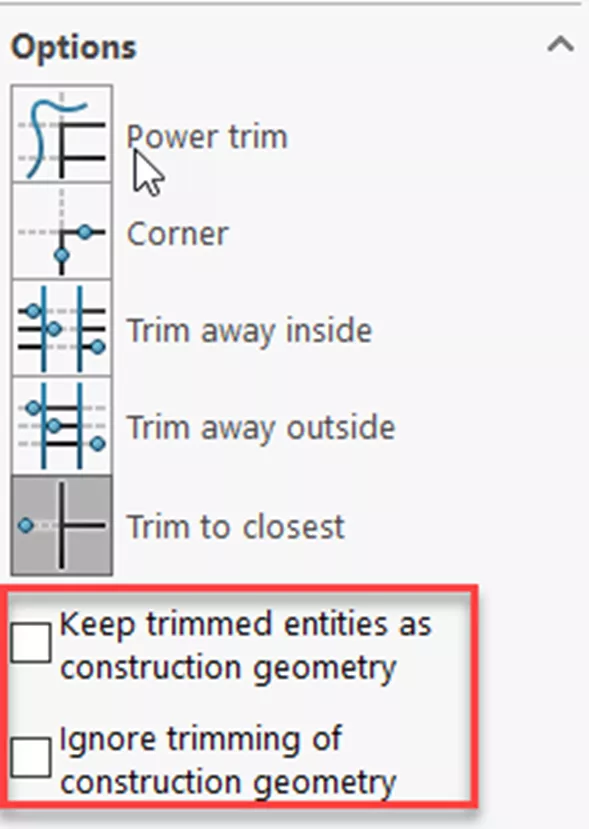 Keep trimmed entities as construction geometry and Ignore trimming of construction geometry in SOLIDWORKS 