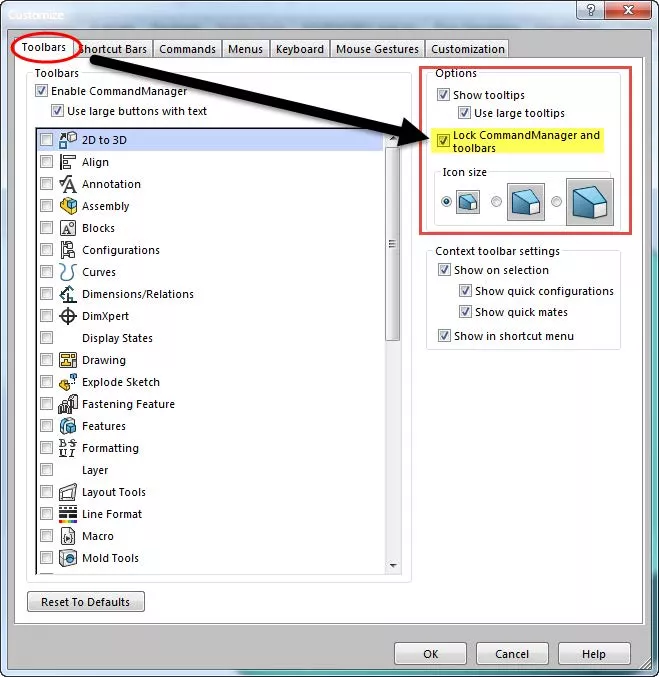 How to Lock the SOLIDWORKS CommandManager in Place