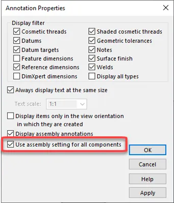 SOLIDWORKS Use Assembly Settings for All Components
