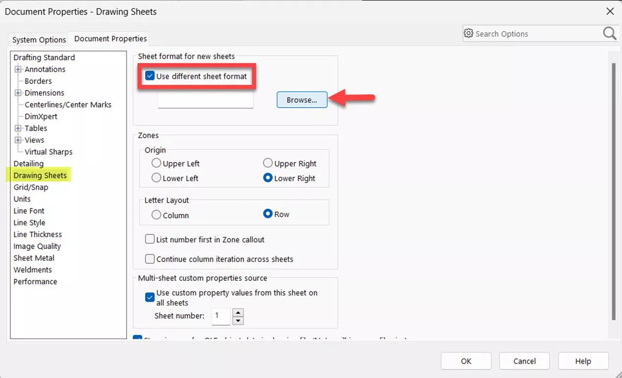 Use Different Sheet Format in Option in SOLIDWORKS Lets You Use a Different Sheet Formats on Each Sheet